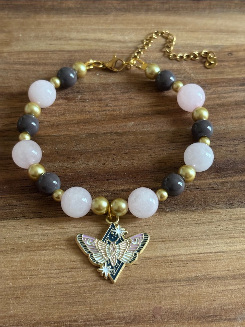 Handmade Beaded Moth Charm Bracelet w/ Rose Quartz